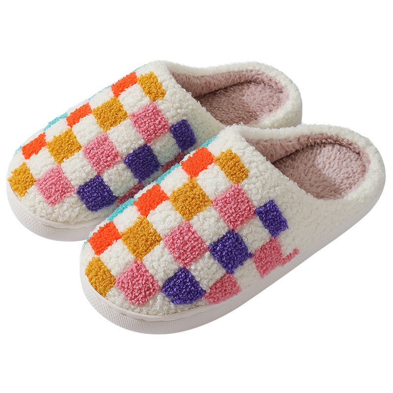 Fashion Colorful Checkerboard Home Slippers Couples Floor Bedroom Slipper Winter Warm Indoor House Shoes For Women And Men - Nyaabs