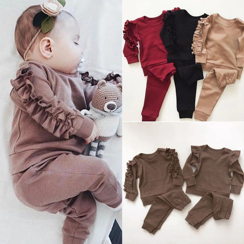 Newborn Baby Boys Girls Ruffles Jumper Solid Long Sleeve Sweatshirt Tops Pants Infant Kids 2Pcs Outfits Clothes Set Fall Clothes - Nyaabs