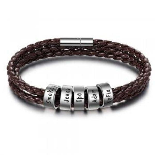 Personalized Mens Braided Genuine Leather Bracelet Stainless Steel Custom Beads Name Charm Bracelet For Men With Family Names - Nyaabs