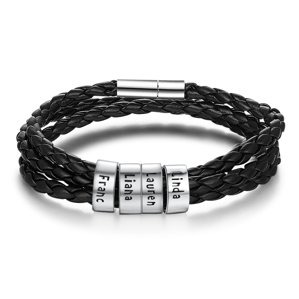 Personalized Mens Braided Genuine Leather Bracelet Stainless Steel Custom Beads Name Charm Bracelet For Men With Family Names - Nyaabs