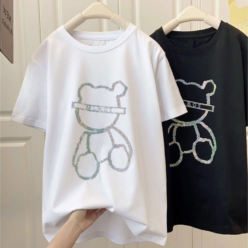 Heavy Industry Hot Drill Bead Short-sleeved Bear T-shirt Women - Nyaabs