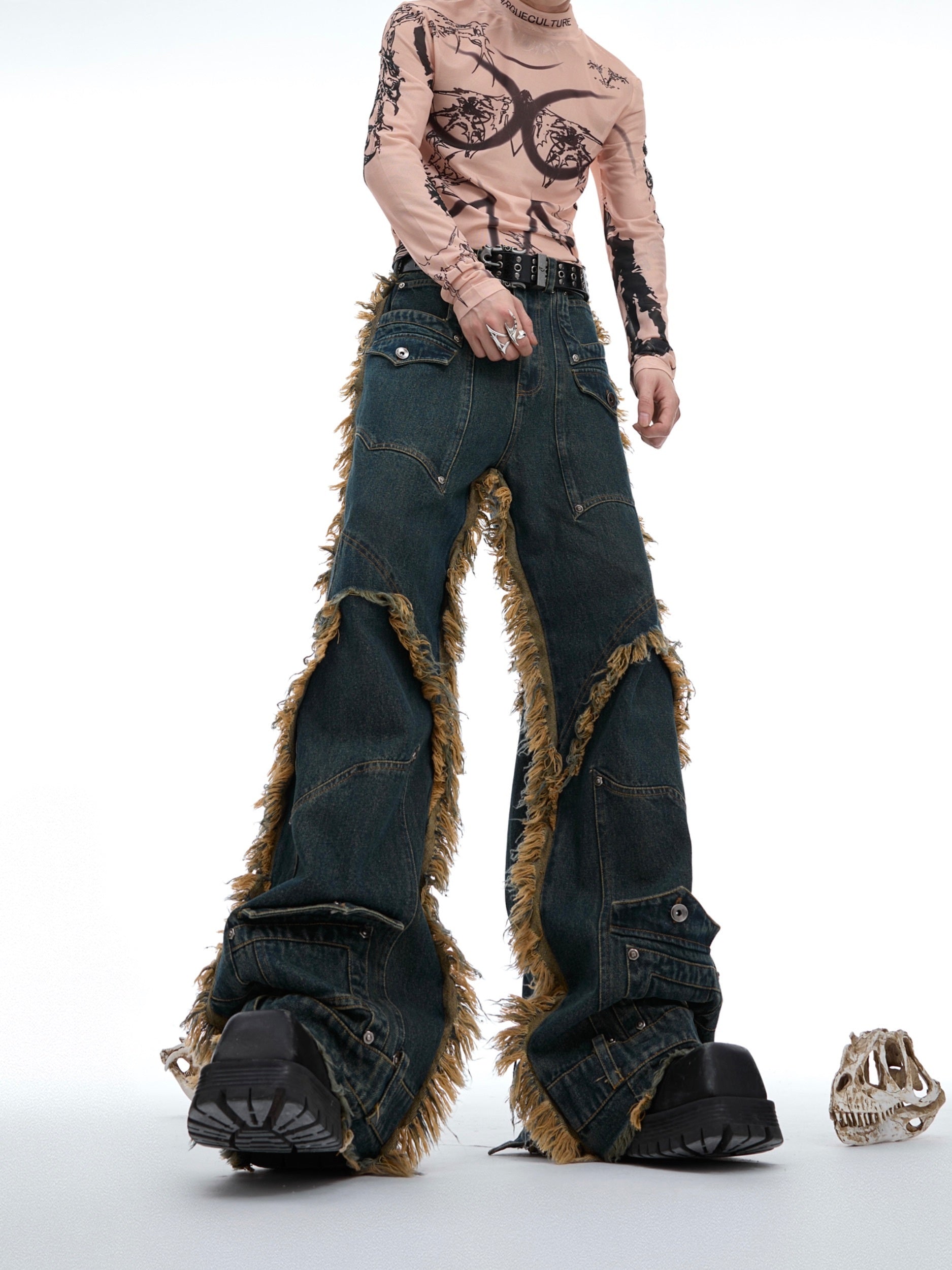 Deconstructed Distressed Burrs Tassels Jeans - Nyaabs