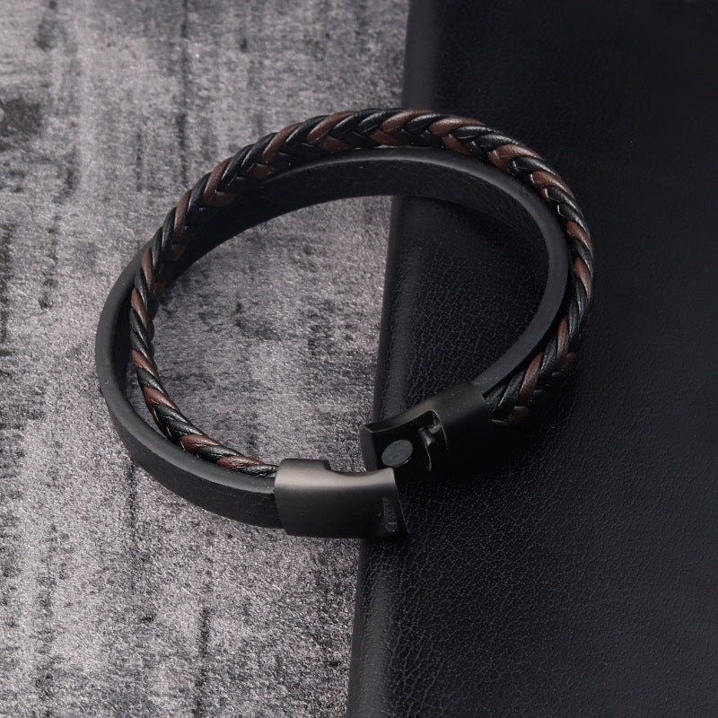 Leather Cord Stainless Steel Braided Bracelet Black Men - Nyaabs