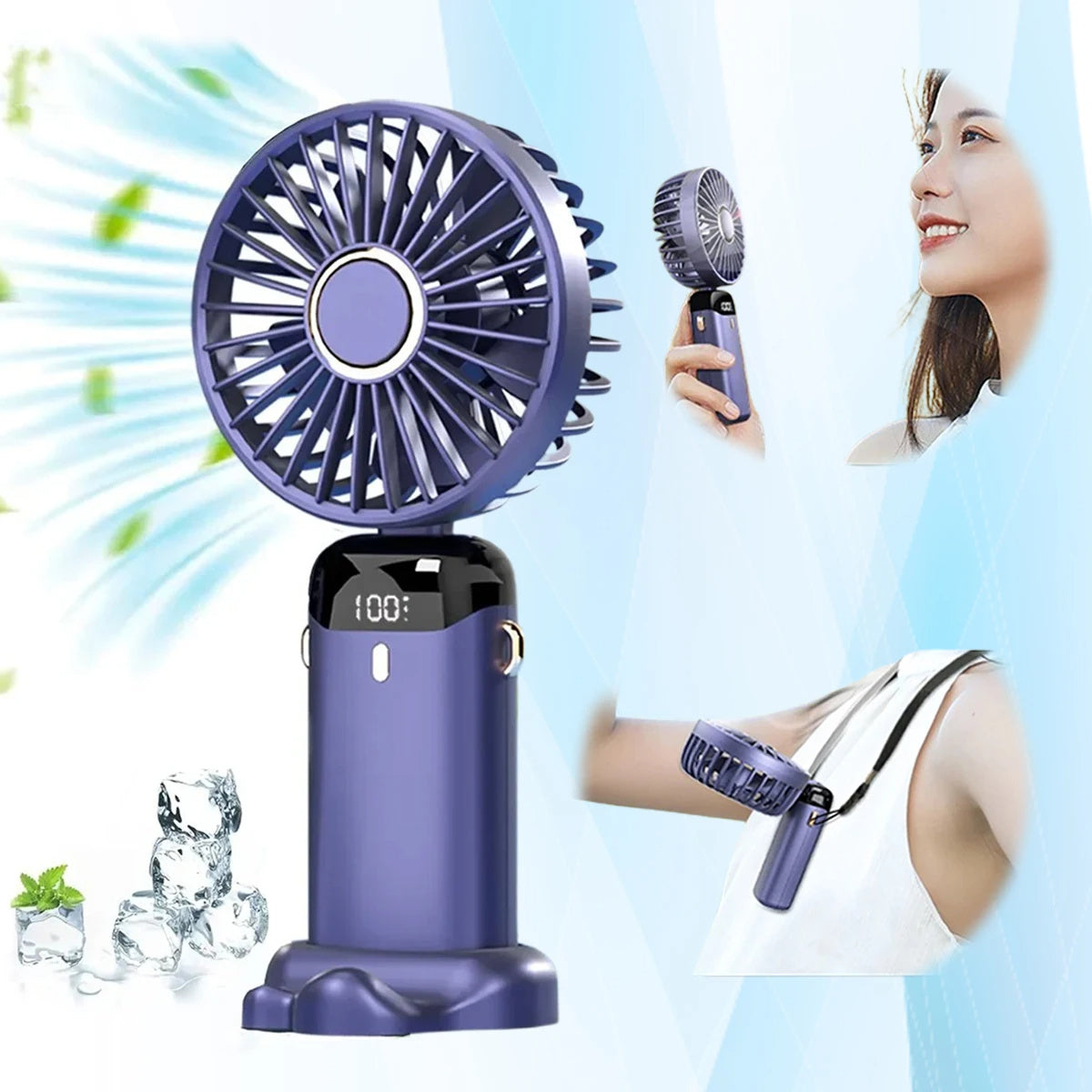 USB Rechargeable Mini Portable Handheld Electric Fan Foldable Neck Hanging Outdoor Fan Adjustable 5 Speed Powerful Air Cooler - Nyaabs