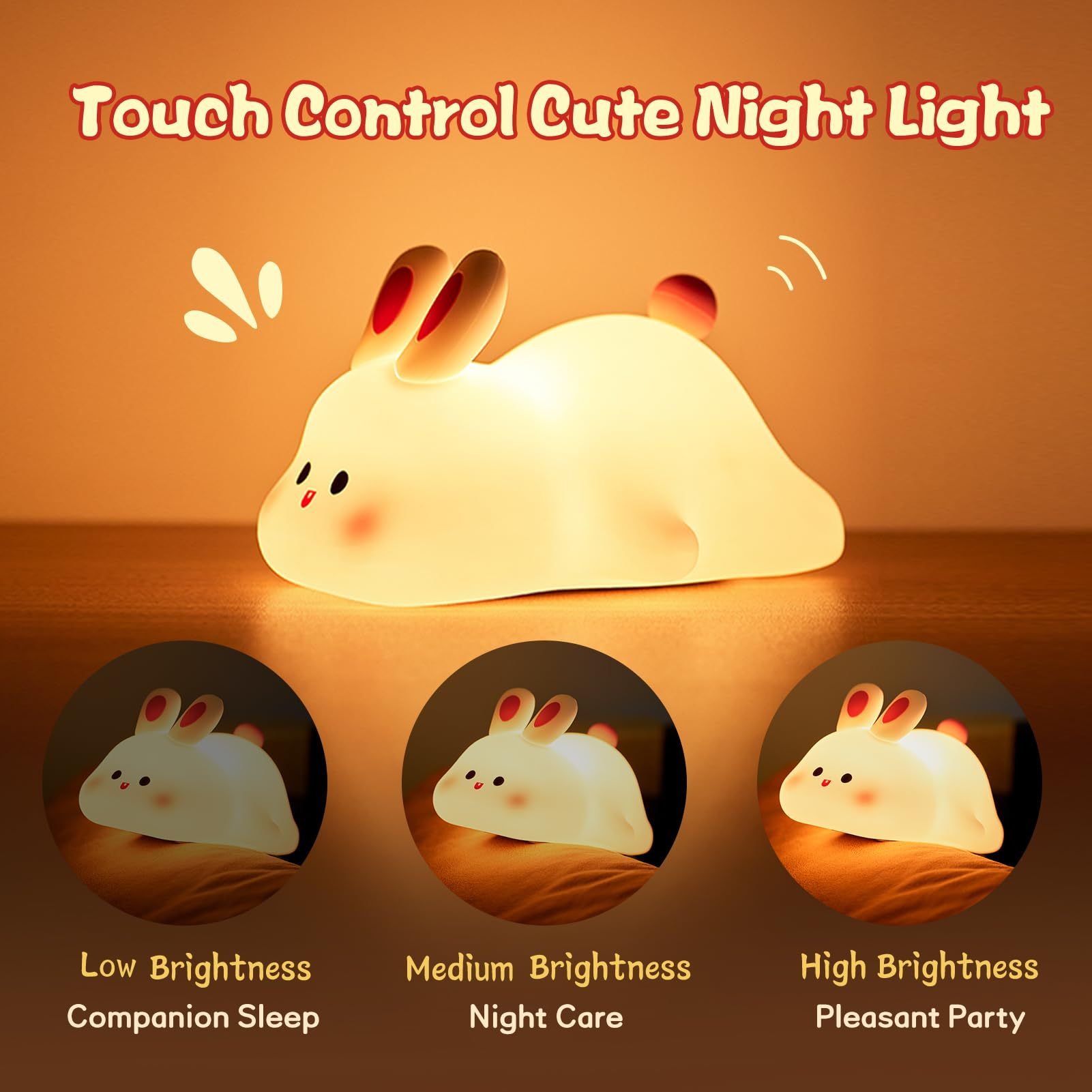 Cute LED Night Light Touch Sensor Cartoon Kid's Nightlights Big Face Rabbit Silicone Night Light Christmas Gift Bedside Lamp Home Decor - Nyaabs