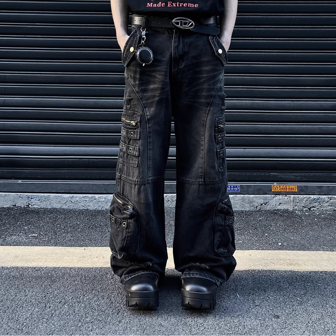 Retro Tattered Jeans Big Pocket Jeans Loose-fitting Wide-leg Trousers - Nyaabs