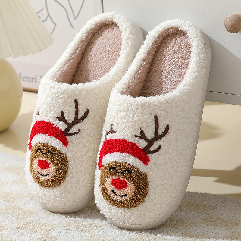 Christmas Home Slippers Cute Cartoon Santa Claus Cotton Slippers For Women And Men Couples Winter Warm Furry Shoes - Nyaabs