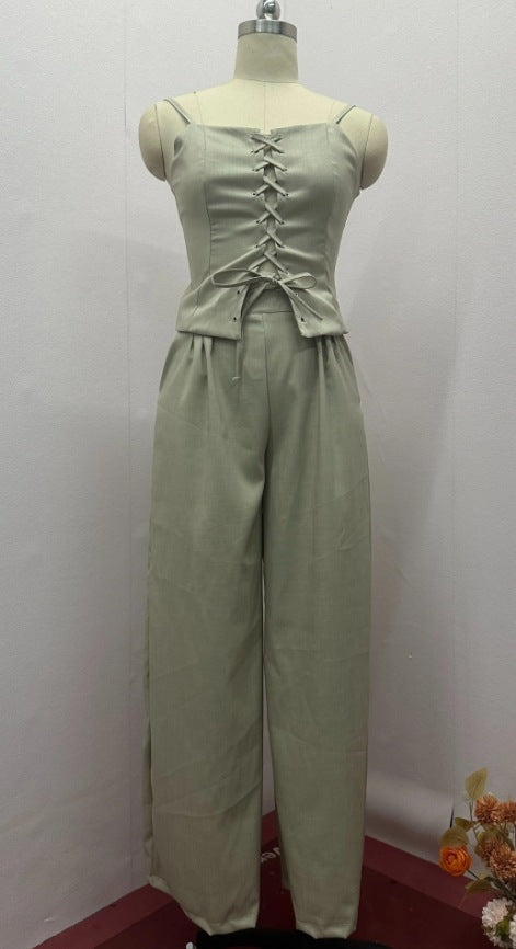 Sexy Hollow Out Strap Top Casual Wide Leg Pants Suit nyaabs.com