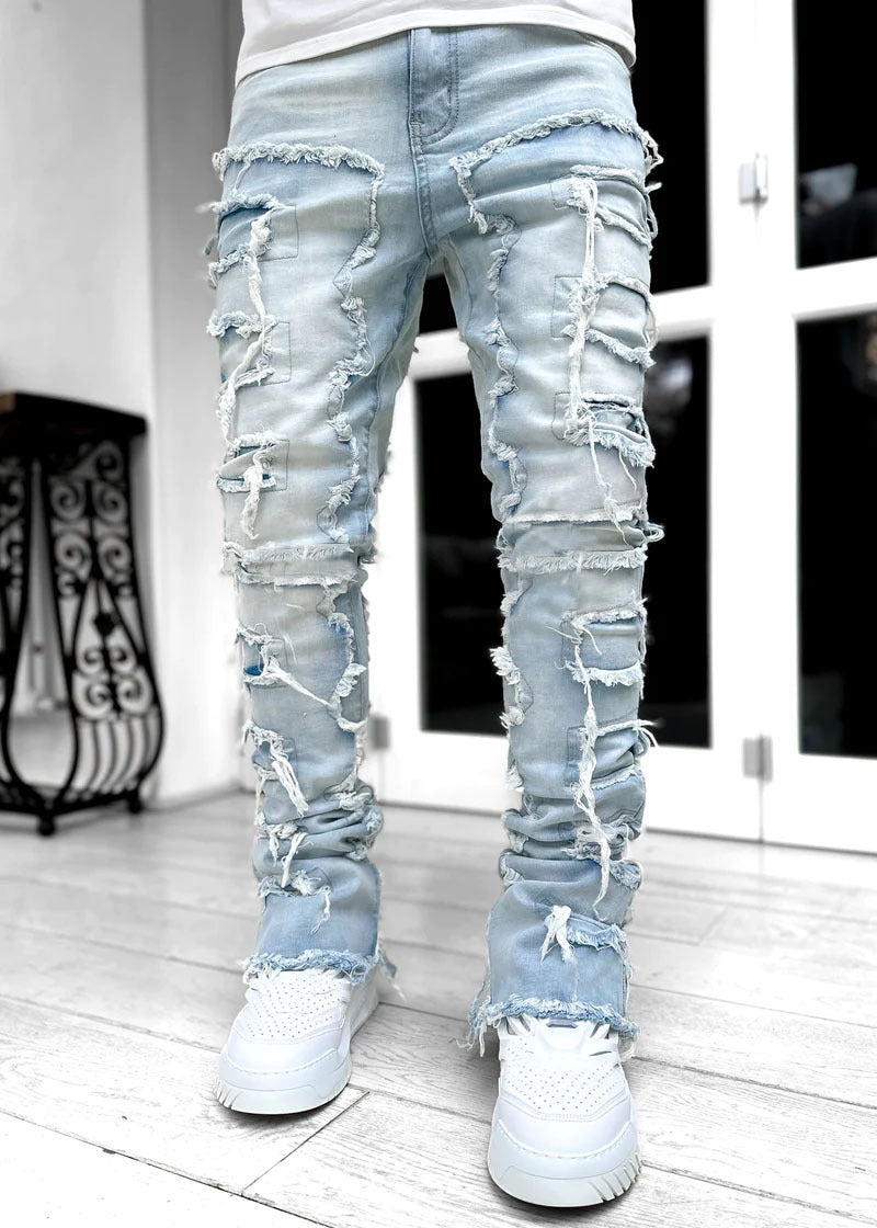 Men Trousers Individual Patched Pants Long Tight Fit Stacked Jeans For Mens Clothing - Nyaabs