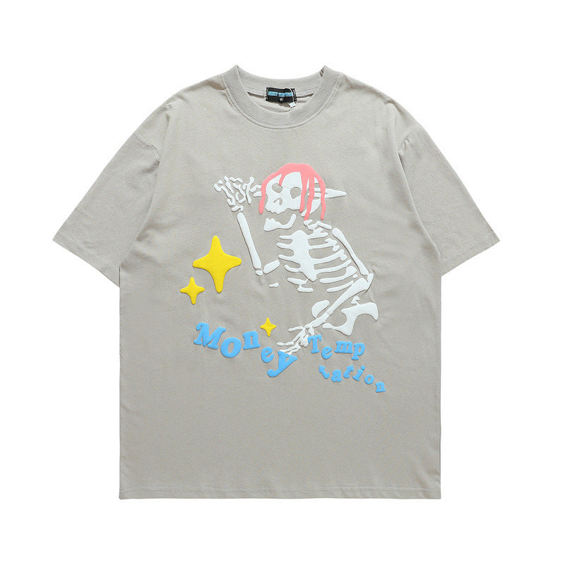 Skull Print American Loose Couple Half Sleeve T-Shirt - Nyaabs