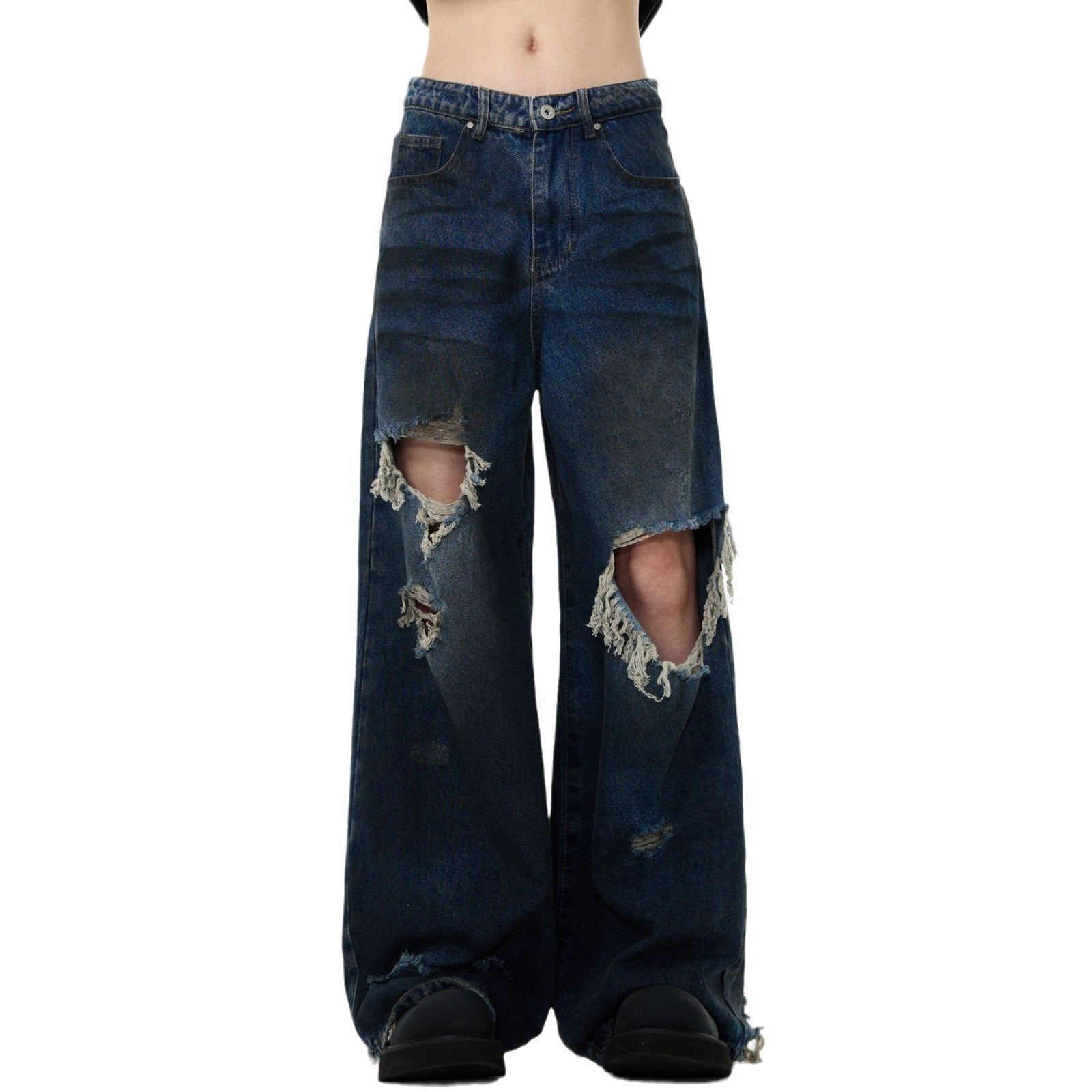 American Retro Make Old Ripped Design Mopping Jeans - Nyaabs