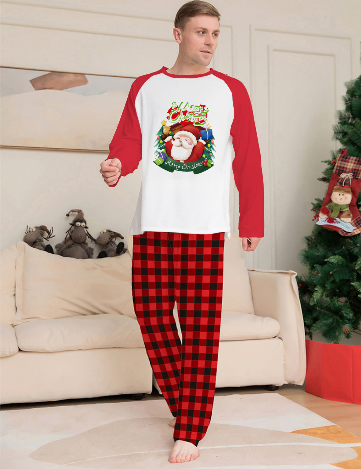 Christmas Parent-Child Clothes Set Long Sleeve T-Shirt Plaid Pants Family Matching Pajamas - Nyaabs