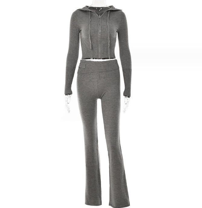 Hoodie Suit Women Leisure Sexy Zip Long Sleeve Sweater And High Waist Long Pants Set - Nyaabs