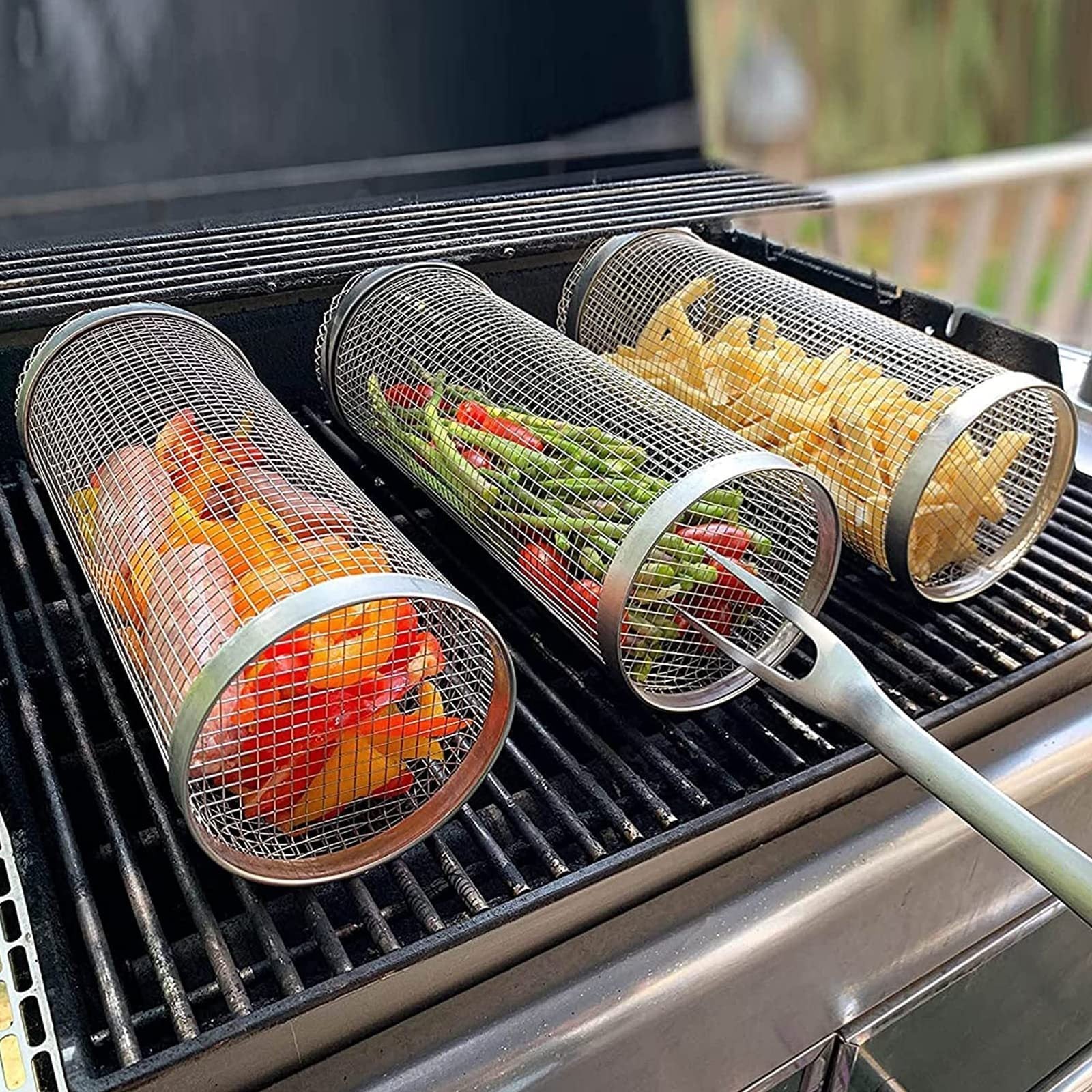 Rolling Grilling Basket Metal BBQ Barbecue Basket Net Portable Outdoor Camping Barbecue Rack Kitchen Gadgets nyaabs.com