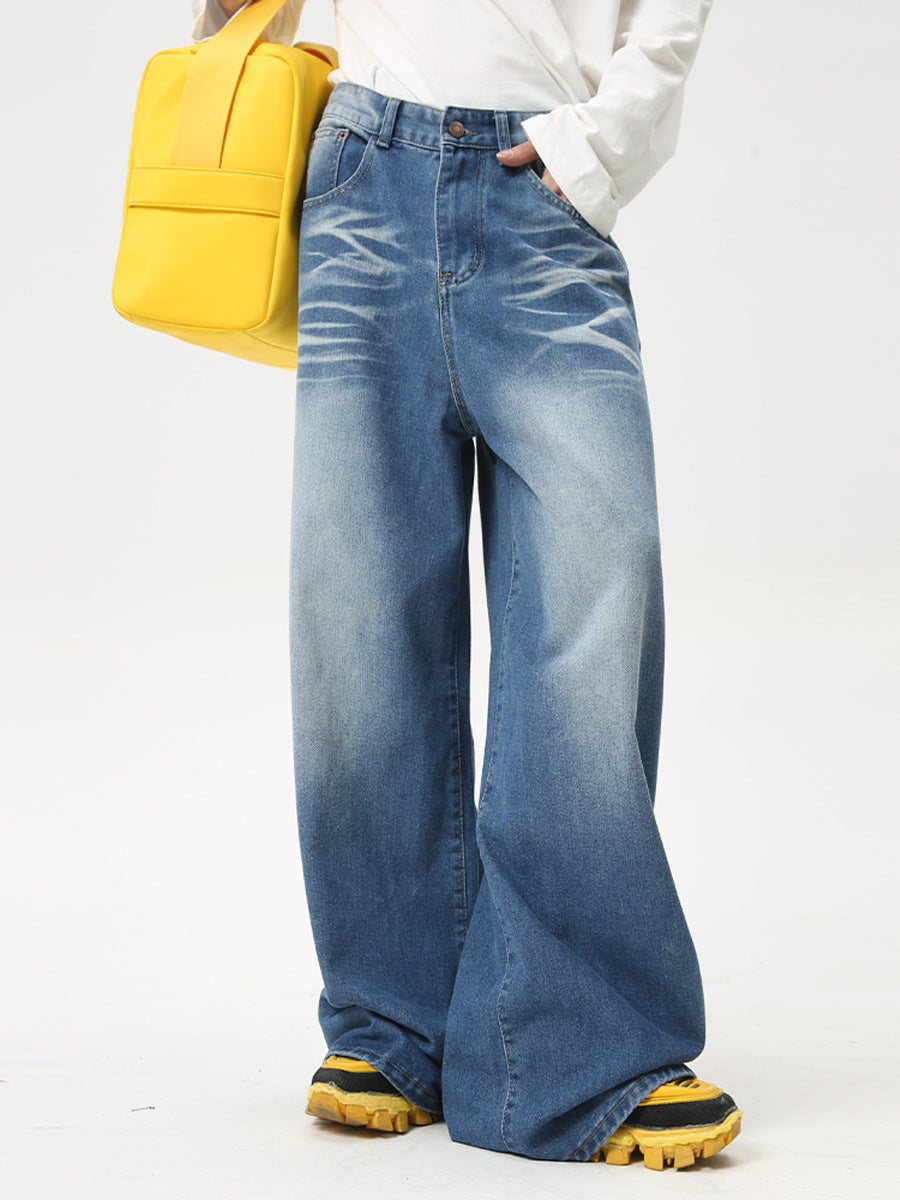 Maychao Washed Crease Vintage Draping Wide Leg Jeans - Nyaabs