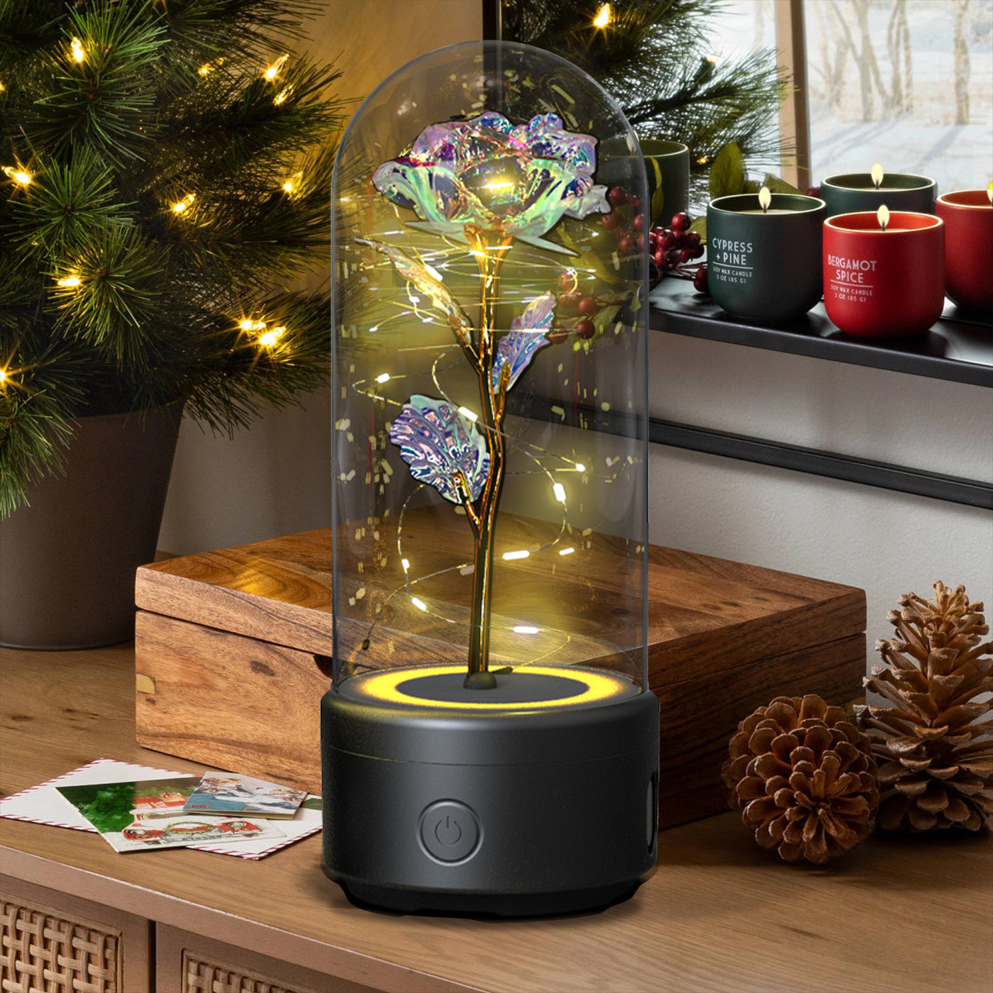 Creative 2 In 1 Rose Flowers LED Light And Bluetooth Speaker Valentine's Day Gift Rose Luminous Night Light Ornament In Glass Cover - Nyaabs