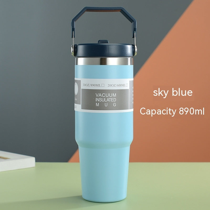 Portable Car Cup Stainless Steel Cup Travel Sports Water Bottle With Handle Cover Coffee Tumbler Cup - Nyaabs