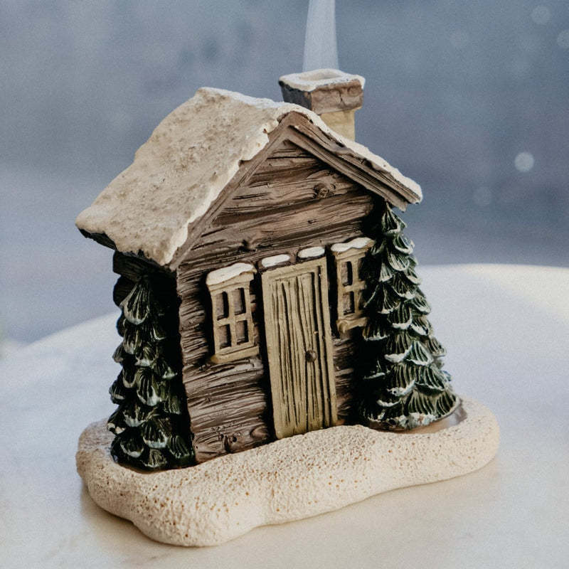 Log Cabin Incense Burner Rustic Christmas Chimney Hut Incense Cone Burner Collectible Resin Statue Table - Nyaabs