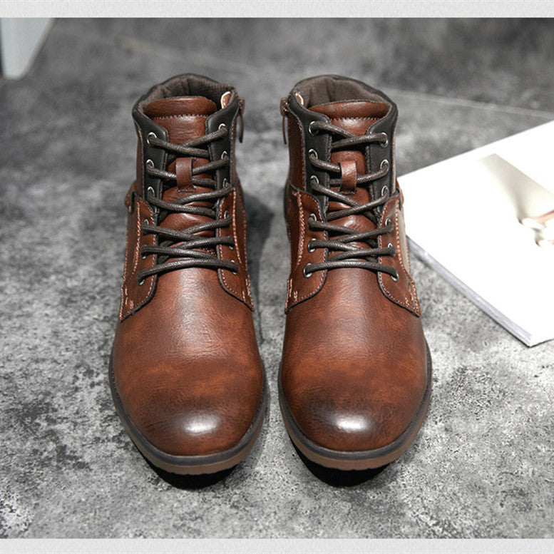 Soldier Boots Men's Leather Shoes Martin Retro High-Top Shoes With Laces - Nyaabs