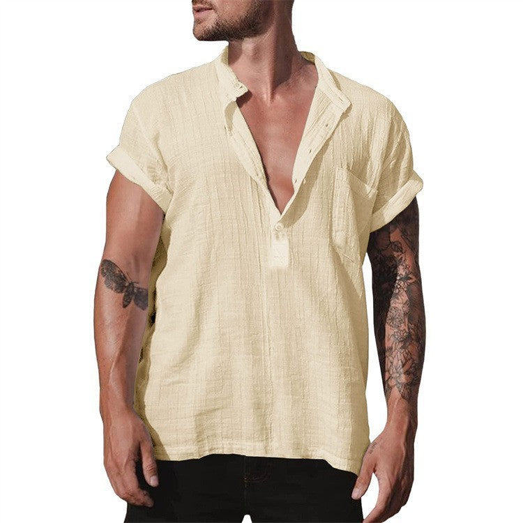 Loose Stand Neck Solid Color Pocket Short Sleeve Shirt My Store