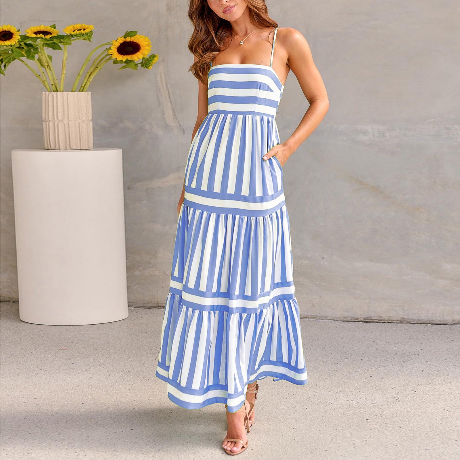 Summer Striped Printed Suspender Long Dress With Pockets Fashion Square Neck Backless Dresses For Beach Vacation Women Clothing - Nyaabs