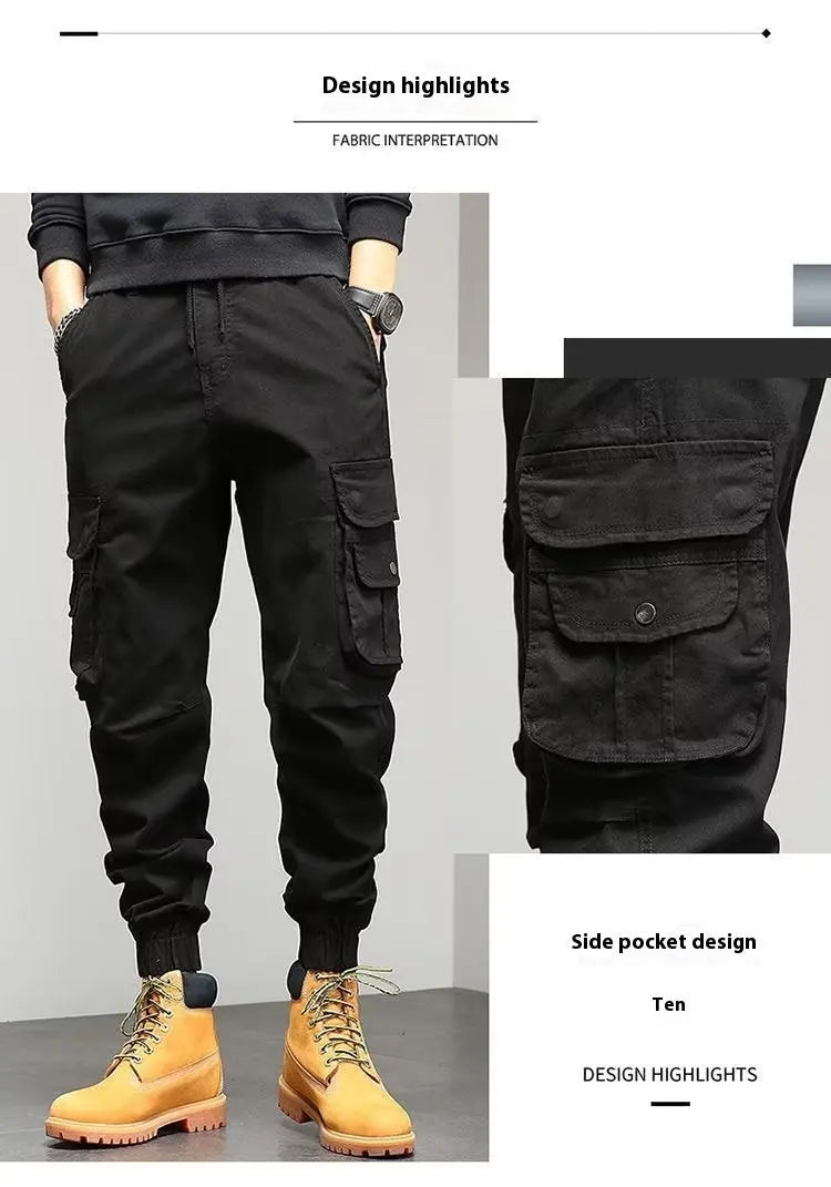 Men's Cropped Tooling Spring And Autumn Loose-fitting Casual Ankle-banded Trousers Multi-pocket - Nyaabs