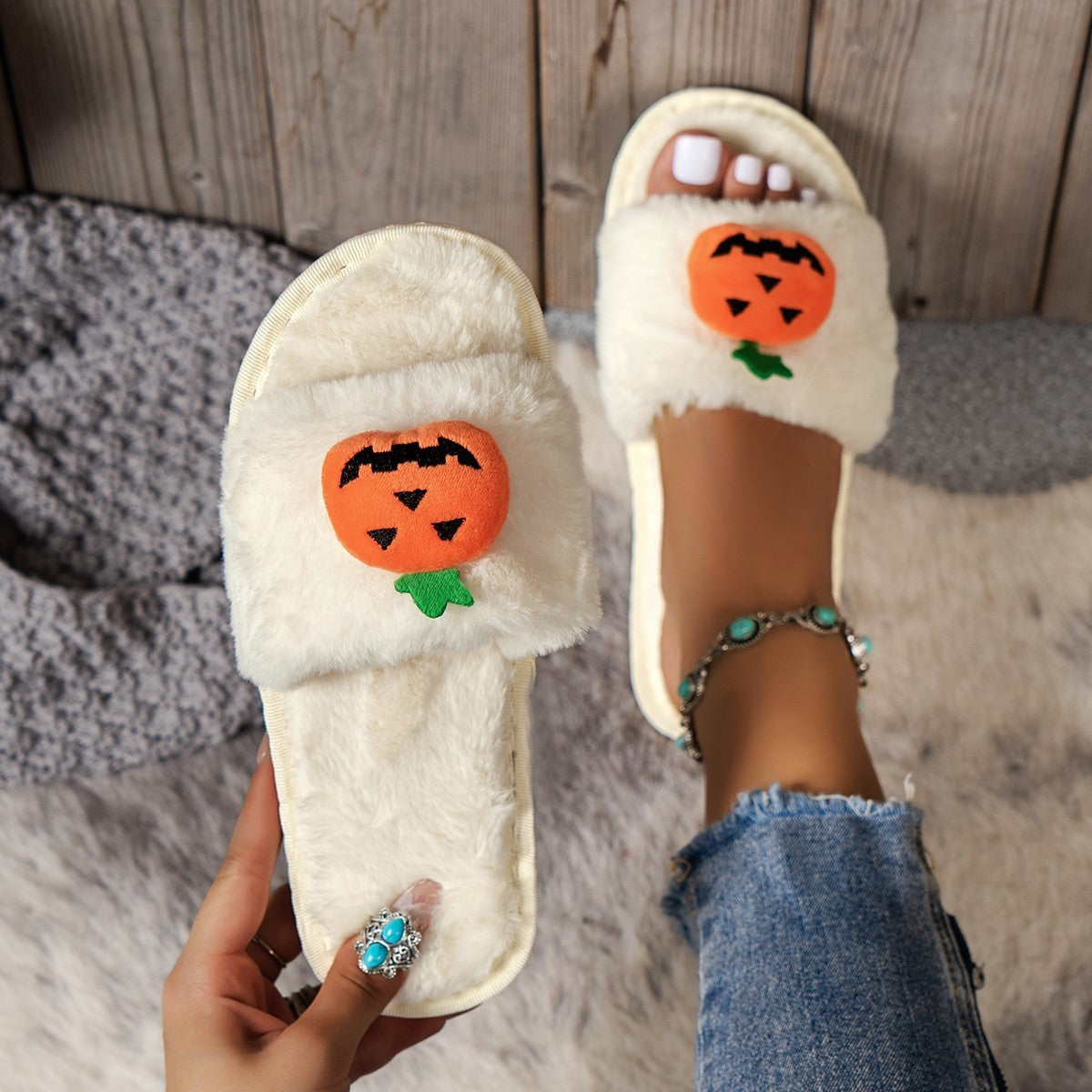 Halloween Cute Pumpkin Plush Slippers Home Indoor Open Toe Shoes Winter Warm Bedroom Slippers For Women - Nyaabs