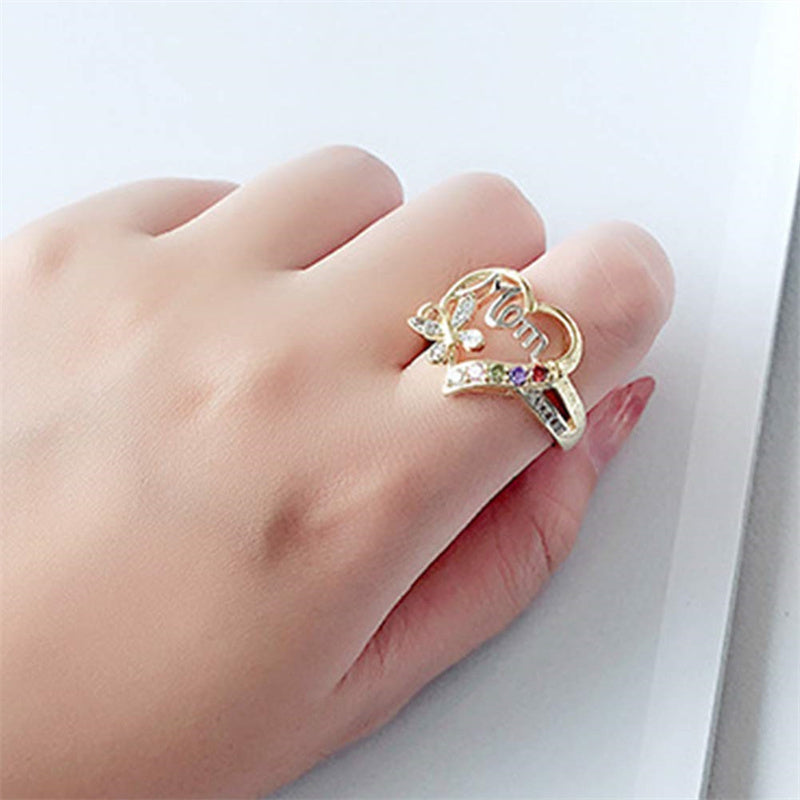 Mother's Day Gift Hollow Heart English Letter Love Mom Rhinestone Butterfly Finger Ring Jewelry Gift - Nyaabs