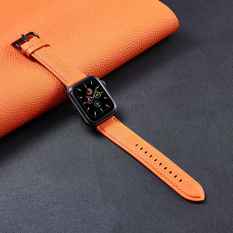 Suitable For  Iwatch SE Strap Lychee Pattern Oil Wax Leather Strap New Silicone Leather Strap - Nyaabs