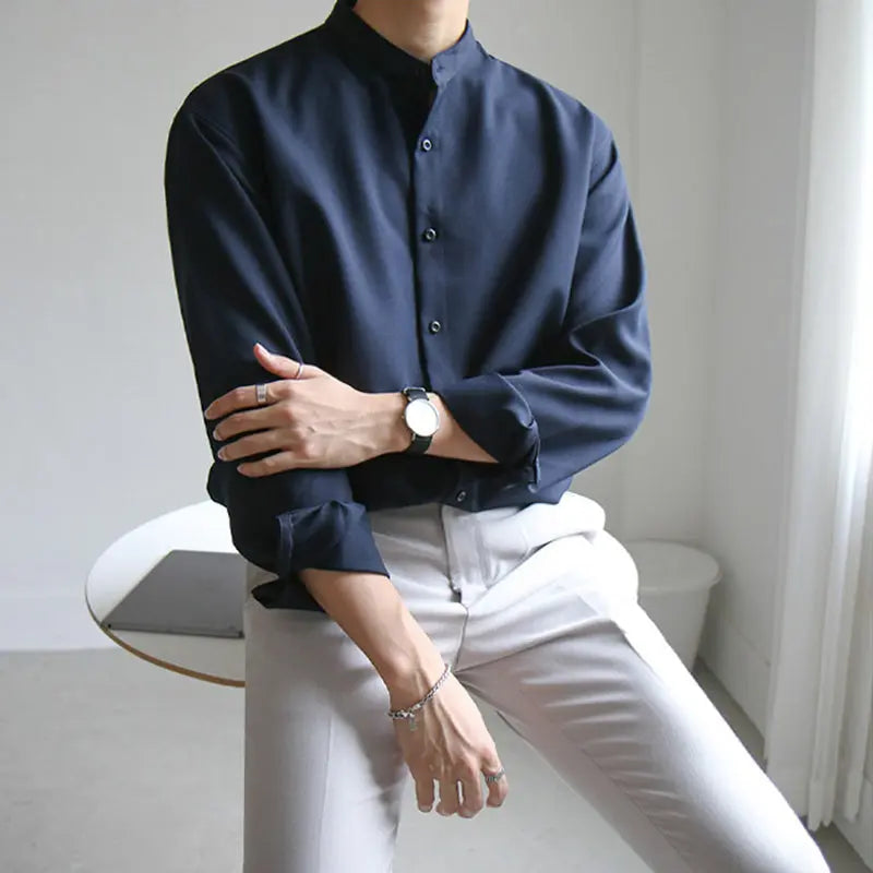 Men's Stand-Up Collar Shirt Long Sleeve Korean Trend My Store