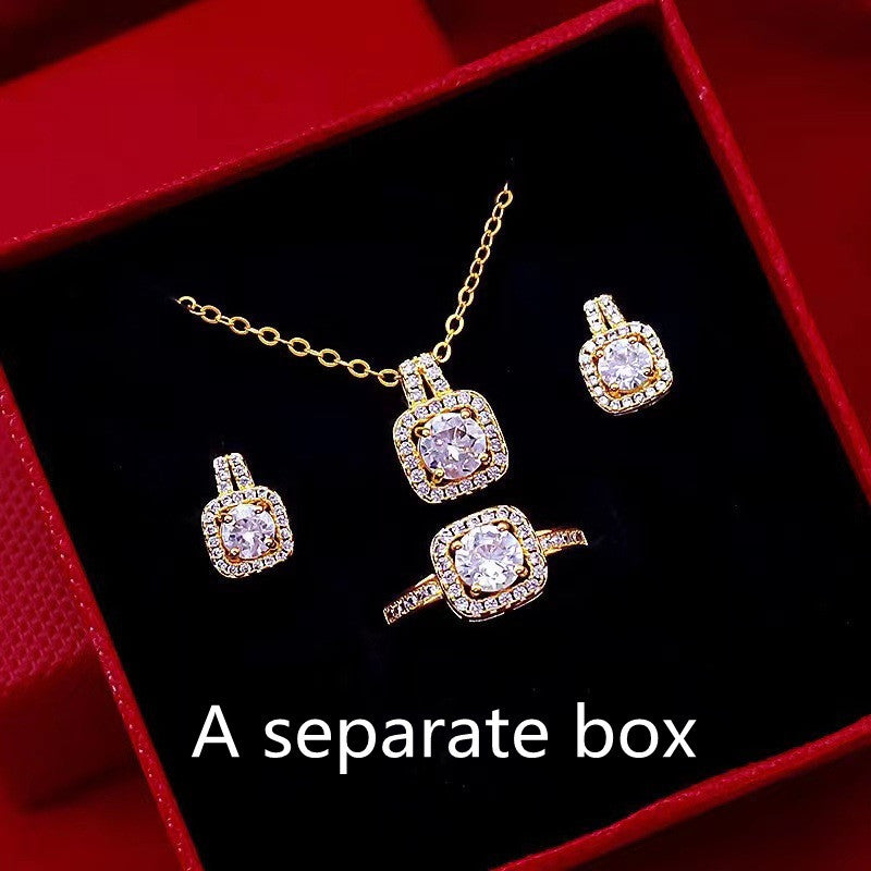 Fashion Jewelry Set Zircon Gem Pendant Chain Choker Necklace For Women Gold Color Stud Earring Statement Wedding Ring - Nyaabs