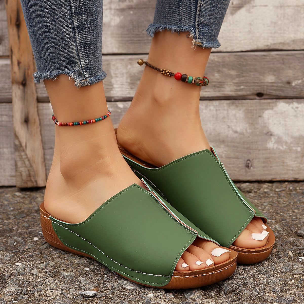 Fashion Solid Wedges Sandals Summer Casual Peep-toe Slippers Outdoor Thick Sole Heightening Slides Shoes Women - Nyaabs