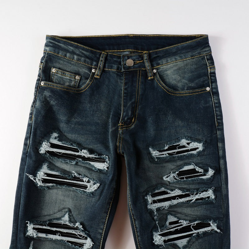 European And American High Street Jeans Blue Ripped Leather Patchwork - Nyaabs