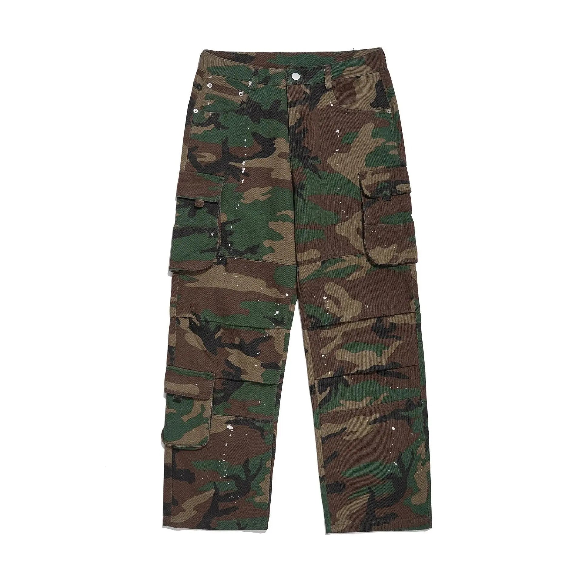 Camouflage High Waist Loose Straight Retro Workwear Casual Pants - Nyaabs