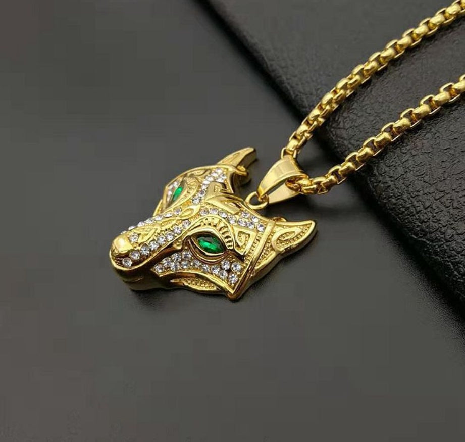 Men Stainless Steel Necklace Gold Color Viking Wolf Head Necklace Pendant With Chain Iced Out Norse Talisman Ethnic Jewelry - Nyaabs