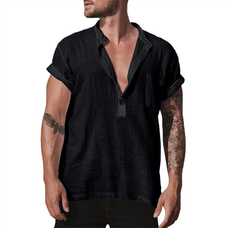 Loose Stand Neck Solid Color Pocket Short Sleeve Shirt My Store