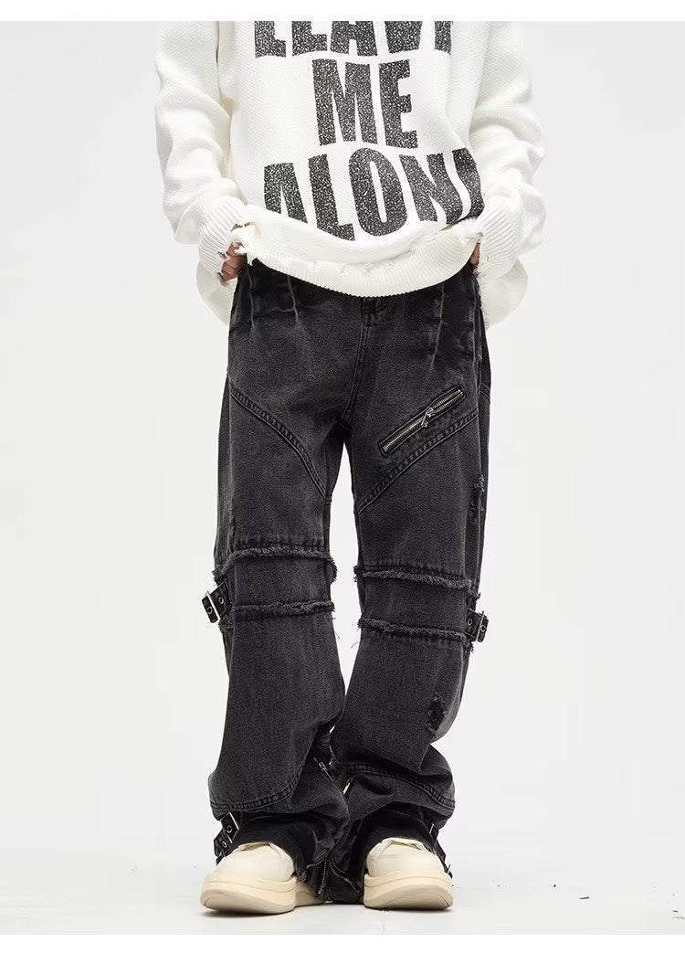 Lace-up Zipper Jeans Vintage Distressed Straight Loose Pants - Nyaabs