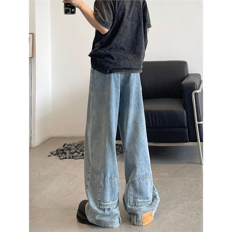 Retro Reverse Pocket Flip-down Jeans Men's Washed Wide-leg Pants - Nyaabs