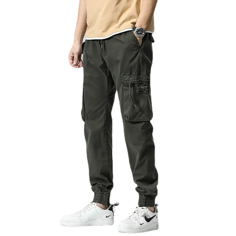 Casual Pants Trendy Brand Elastic Waist Men's Youth Simple Pure Cotton Multi-pocket Work Pants Trousers Ankle-tied - Nyaabs