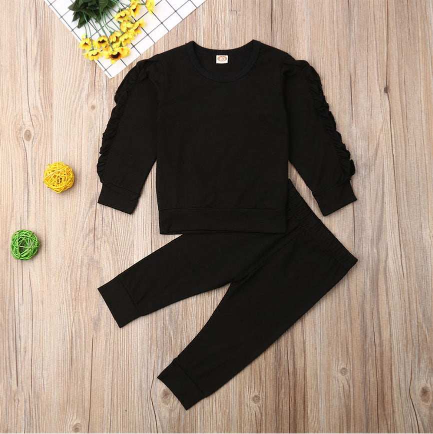 Newborn Baby Boys Girls Ruffles Jumper Solid Long Sleeve Sweatshirt Tops Pants Infant Kids 2Pcs Outfits Clothes Set Fall Clothes - Nyaabs