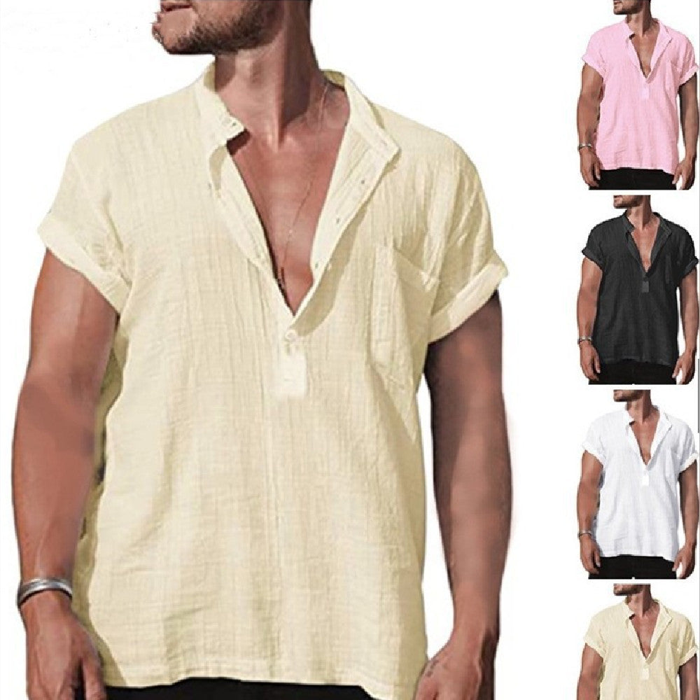 Loose Stand Neck Solid Color Pocket Short Sleeve Shirt My Store