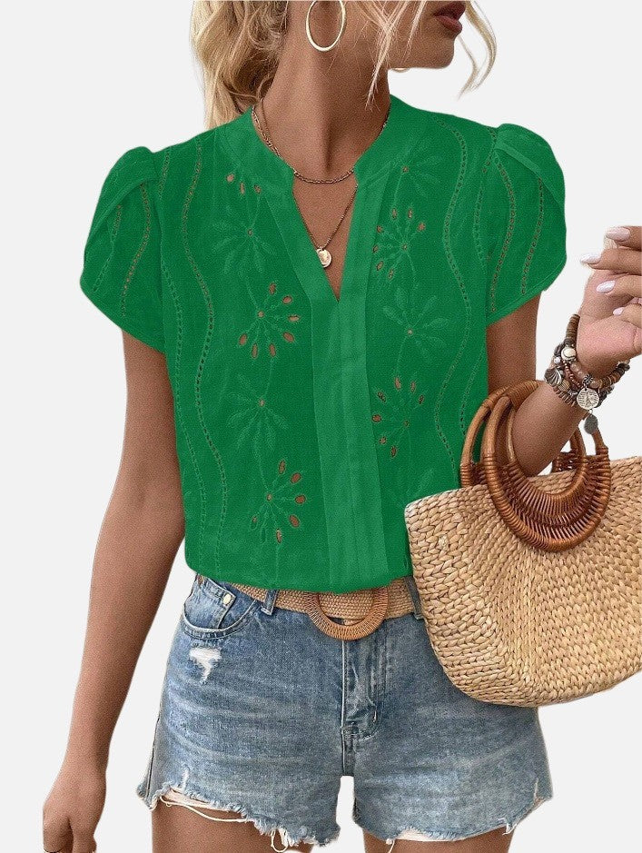 Women's Solid Color Hollow Embroidered Top - Nyaabs