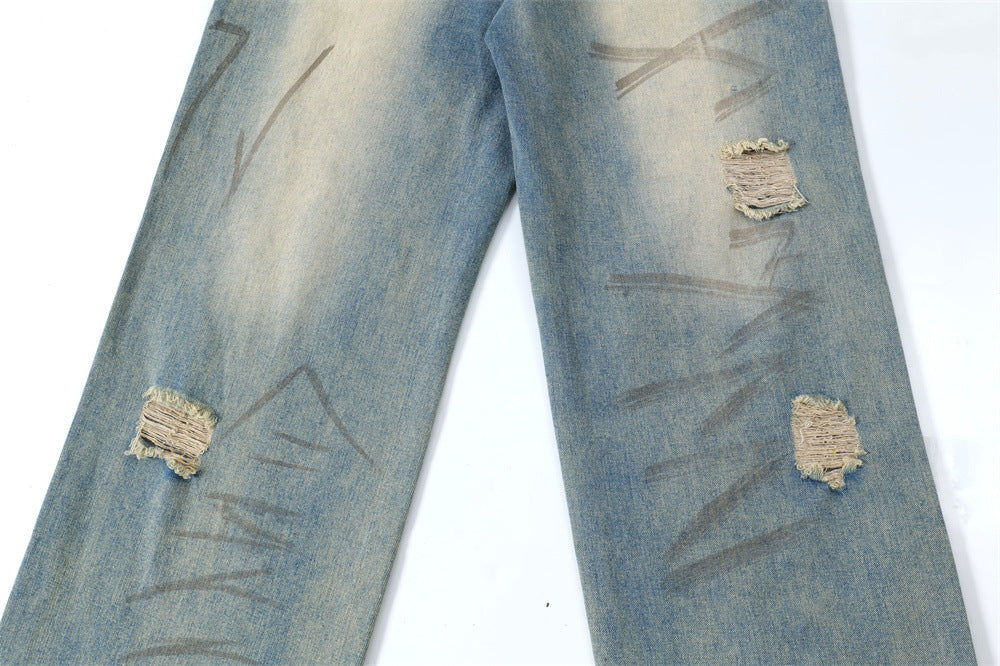 Graffiti Distressed Dirty Ripped Denim Trousers - Nyaabs