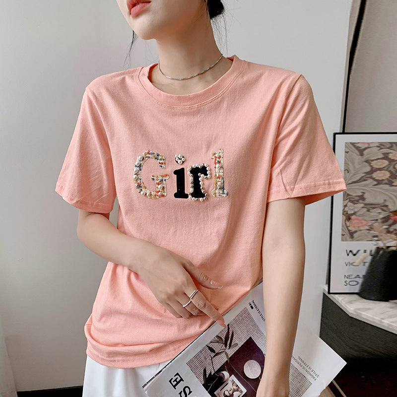 Printed T-shirt Korean Style Versatile Half Sleeve Top - Nyaabs