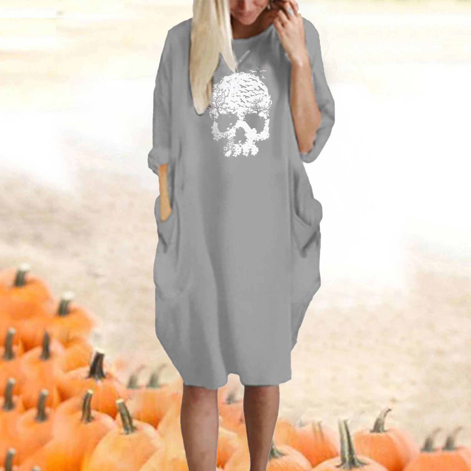 Women's Halloween Loose Fun Graphic Print Crew Neck Dress nyaabs.com