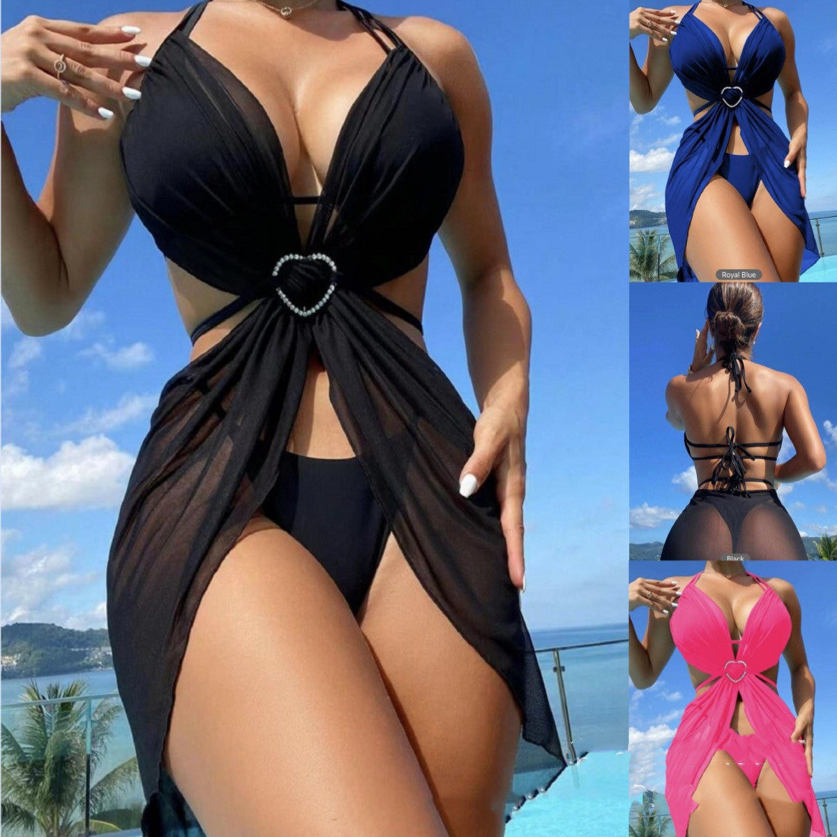 3pcs Halter Neck Bikini Beach Summer Solid Color Split Swimsuit Womens Clothing - Nyaabs