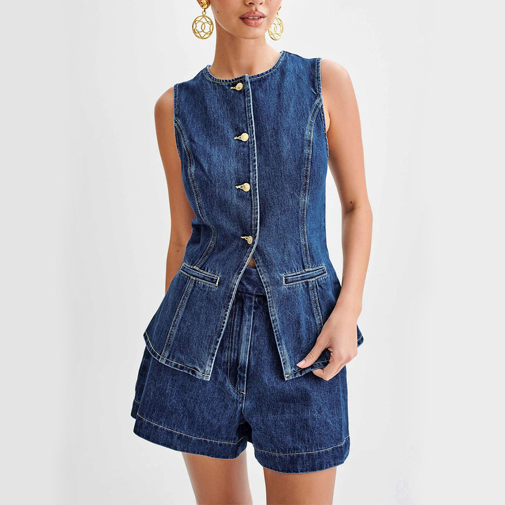 Fashion Denim Suit Summer Casual Sleeveless Button Vest Top And High Waist Shorts Set For Womens Clothing - Nyaabs