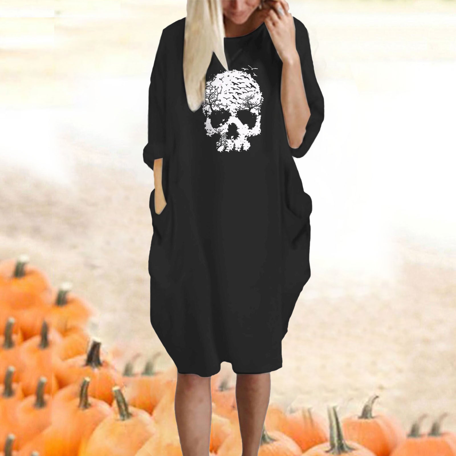 Women's Halloween Loose Fun Graphic Print Crew Neck Dress nyaabs.com