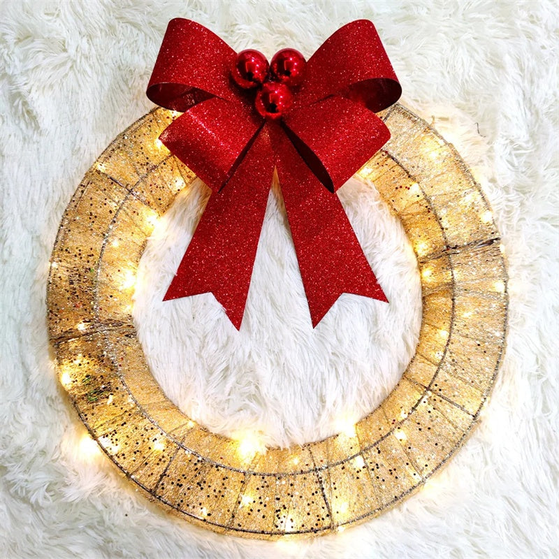 Christmas Garland 50CM Luminous LED Warm Light Metal Luminous Wreath With Big Bowknot Christmas Front Door Home Holiday Party Door Hanging Decor - Nyaabs