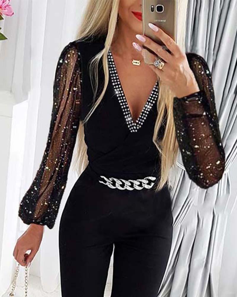 Women's V-neck Rhinestone Mesh Jumpsuit - Nyaabs